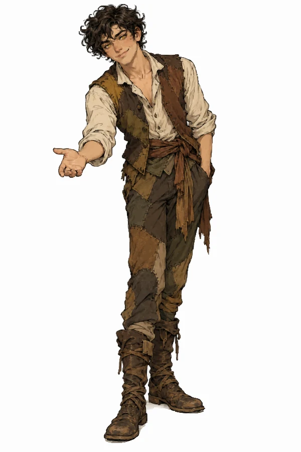 Full-body character illustration of Calen Dustmere